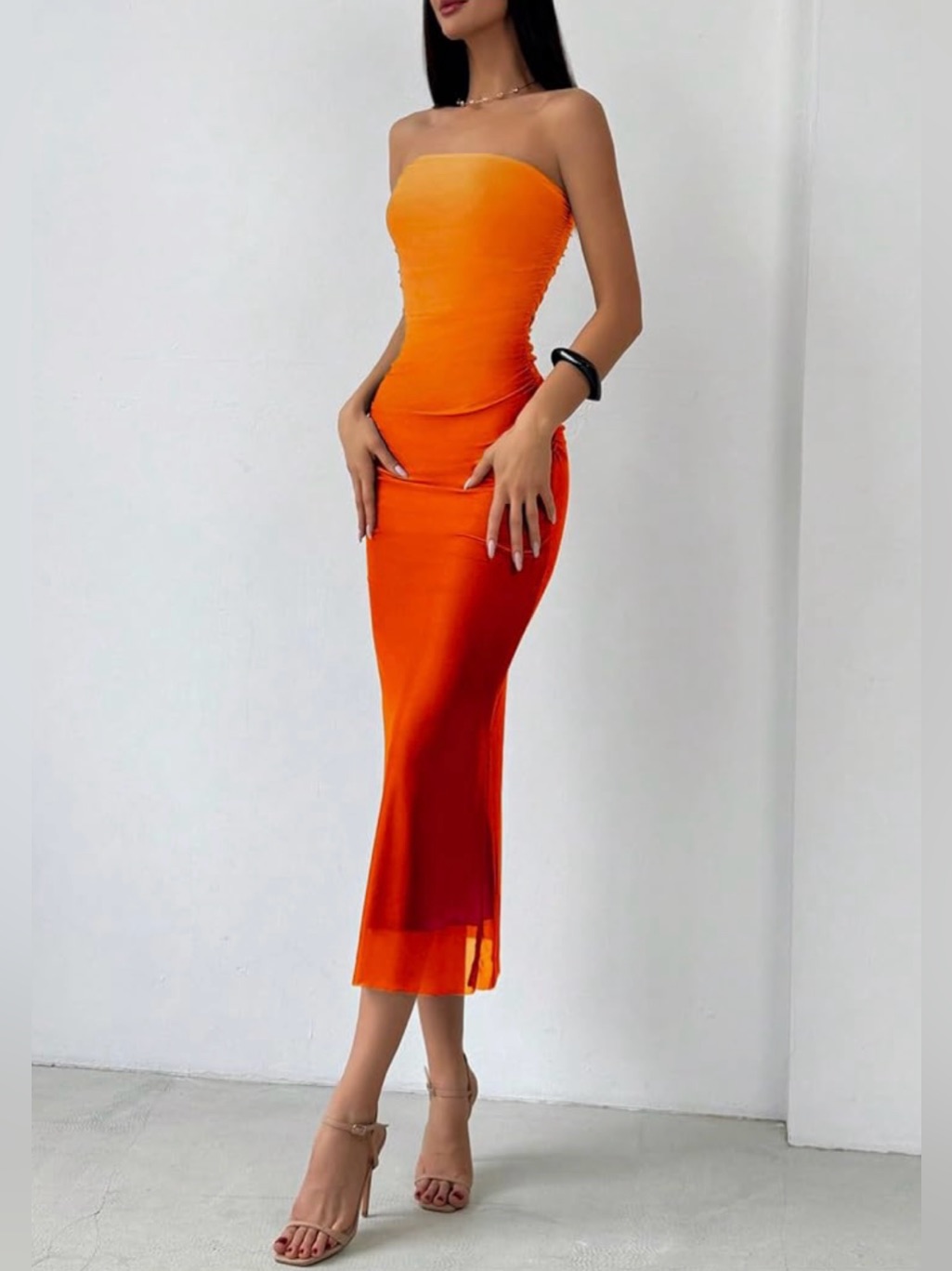 Strapless Ombre Red-Orange Ruched Midi Dress